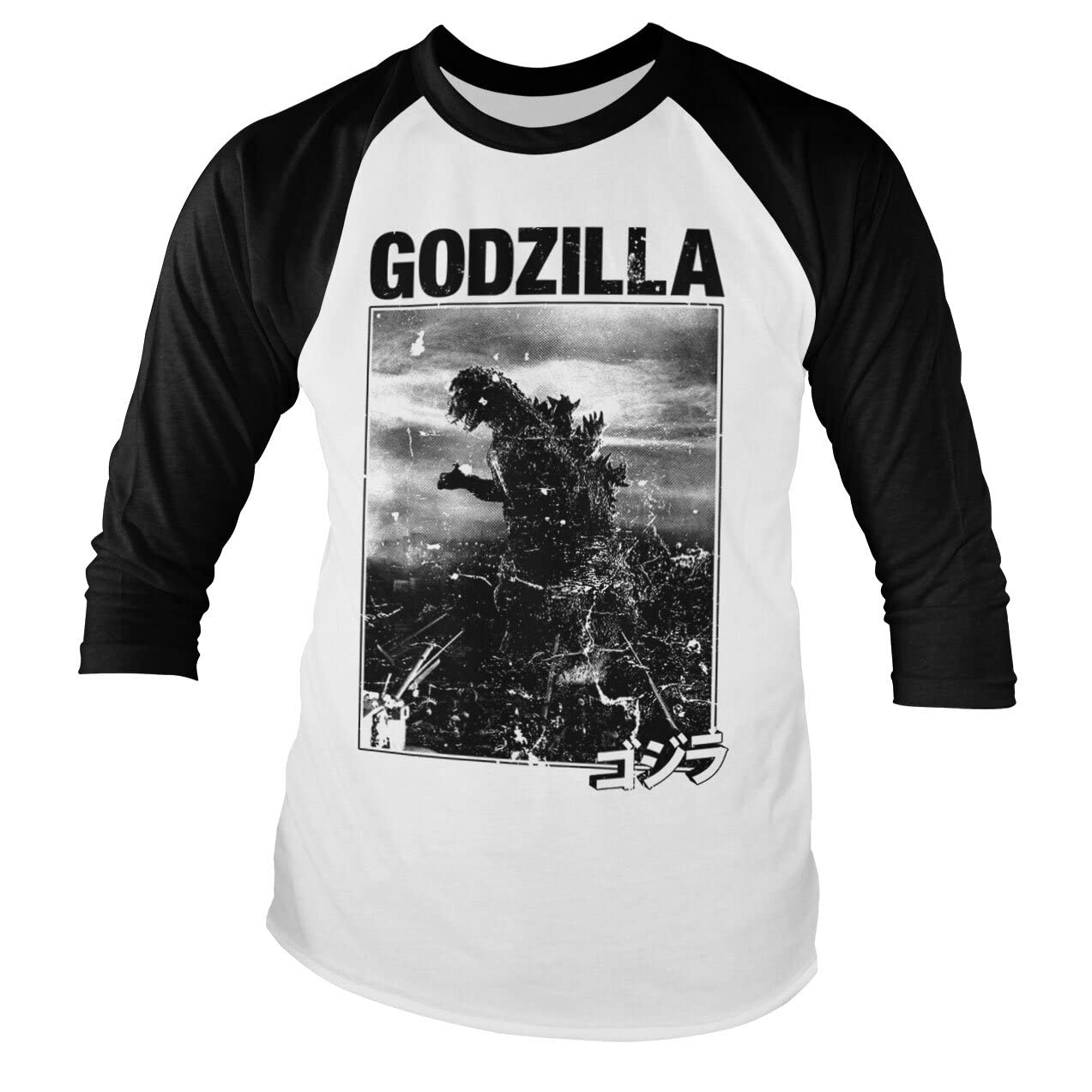 Godzilla Officially Licensed Vintage 3/4 Sleeve T-Shirt (White-Black), Medium