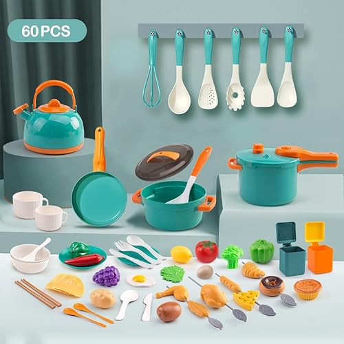 Miniatura 3 de Juego de 60 piezas de mini accesorios de cocina para niños, juego de cocina con utensilios de cocina, vajilla y frutas y barbacoa, regalo de