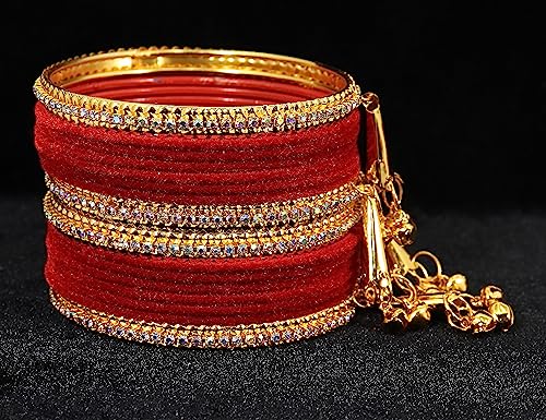 Image of NMII Metal with Zircon Gemstone and Velvet Studded Bells Latkan Bangles Set For Girls and Women I Latkan Bangles, Premium Bangle Bracelet Set I Pack of 16 Bangles