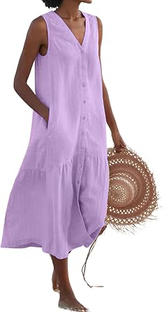 Womens Summer Sleeveless Button Down Midi Tank Dress V-Neck Tiered Tunic Beach Sundress