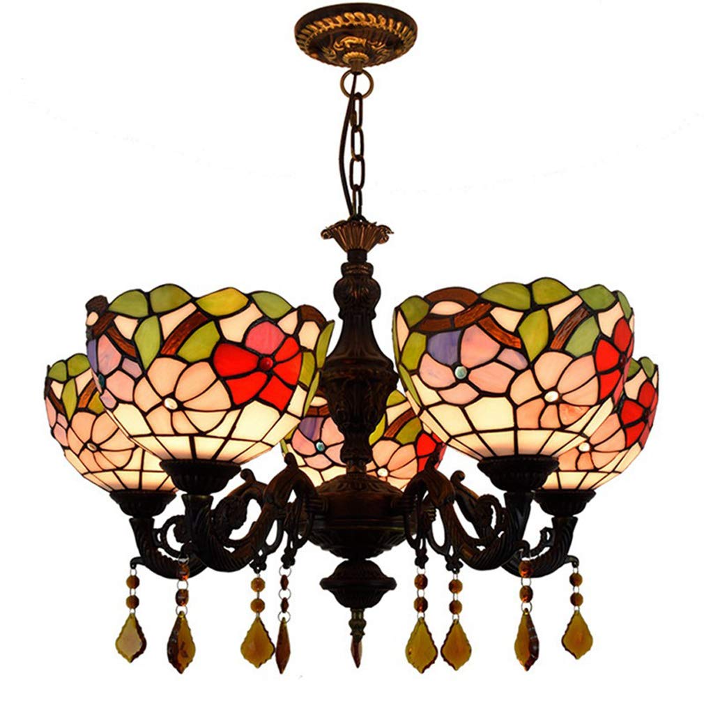 YNIYUJKL Red Festive Morning Glory Crystal Chandelier,Tiffany-Style Stained Glass Bedroom Ceiling Lamps Lighting Dining Room Kitchen Coffee Bar 5-Arm Pendant Light Fixture