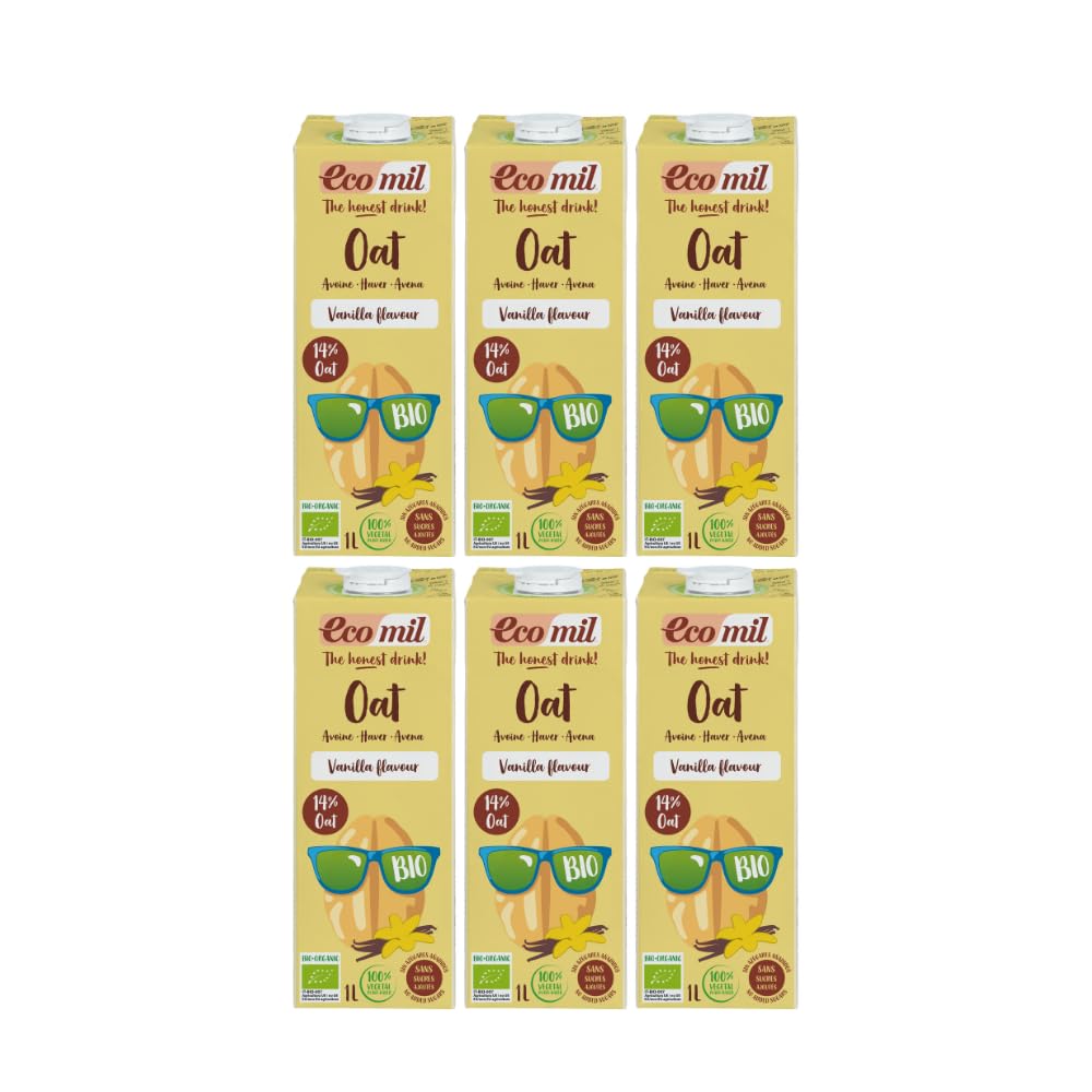 Ecomil - Bebida Vegetal de Avena y Vainilla Bio, Pack 6 x 1 L, Sin Azúcares Añadidos, Ecológica y Vegana, Lista para Consumir, Sabor Suave y Natural