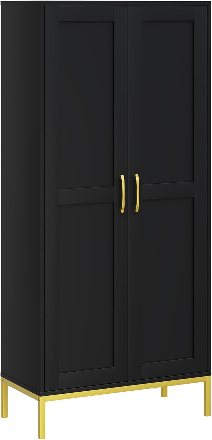 Storage Cabinet, Kitchen Pantry Cabinet with 2 Doors & Adjustable Shelves, Tall Storage Cabinet for Laundry Room, Living Room, Entryway,Bathroom,Black