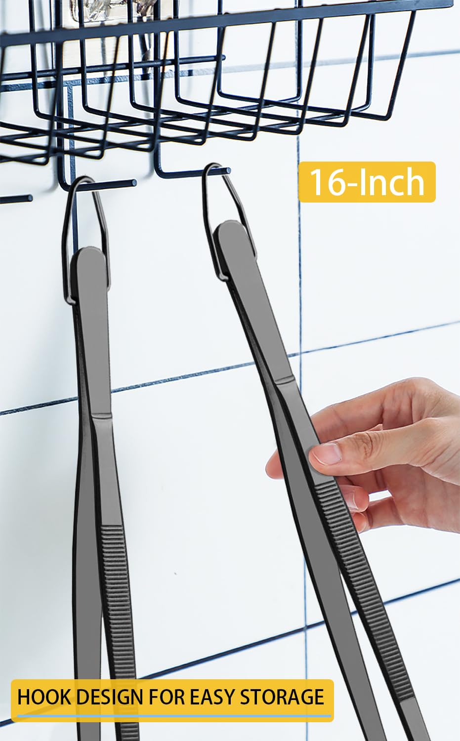 JETKONG 2 pinzas de cocina resistentes de 16 pulgadas, pinzas finas de cocina extra largas de acero inoxidable (negro)