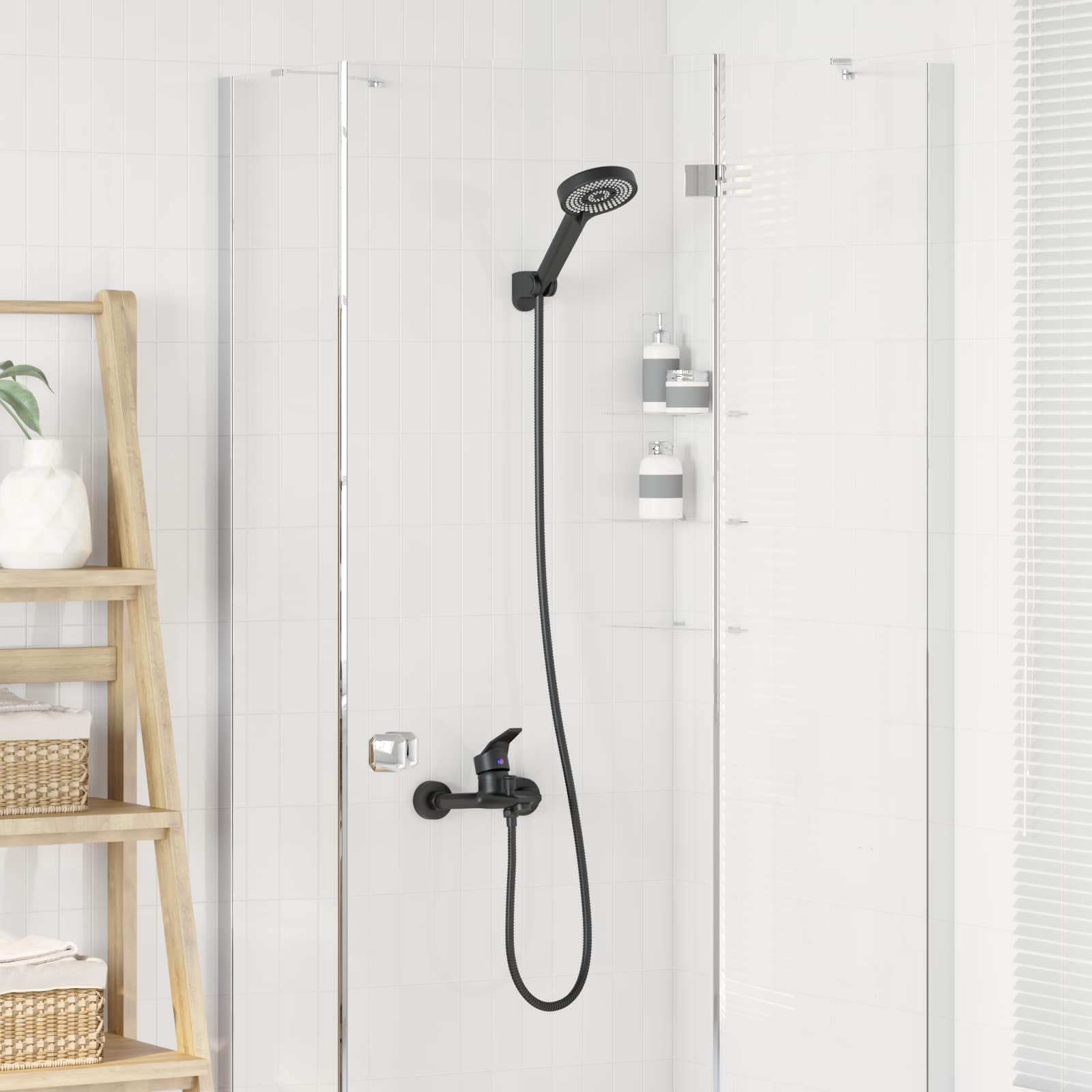 Juego de alcachofa de ducha negra G de 1/2 pulgadas, latón con 5 tipos de chorro, soporte para manguera de ducha, sistema de ducha, ducha de lluvia para baño, ducha, bañera, bienestar