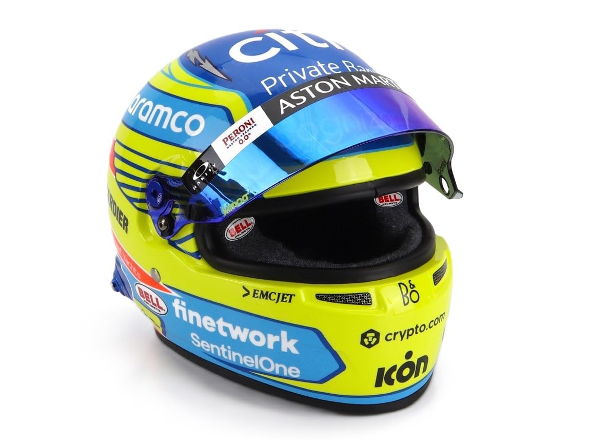 Aston Martin F1 Team - Casco en miniatura a escala 1/2 de Fernando Alonso 2024 - Casco oficial Bell - Azul/Amarillo
