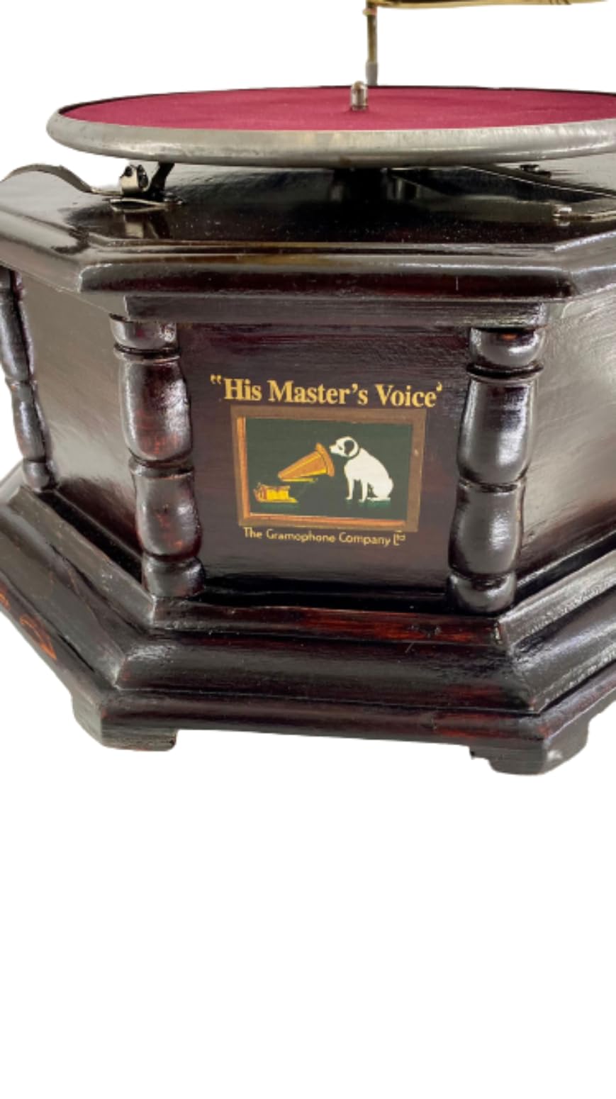 Grammofono con tromba in ottone HIS MASTER'S VOICE riproduzione ottagonale in legno artigianato Made in Italy