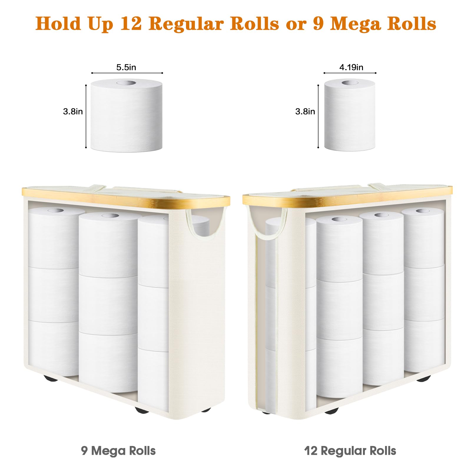 Muomdid Toilet Paper Storage with Lid, Toilet Paper Basket Toilet Paper Holder with Storage Handle, Foldable Organizer Basket for Bathroom Accessories Hold up to 9-12 Rolls,Beige