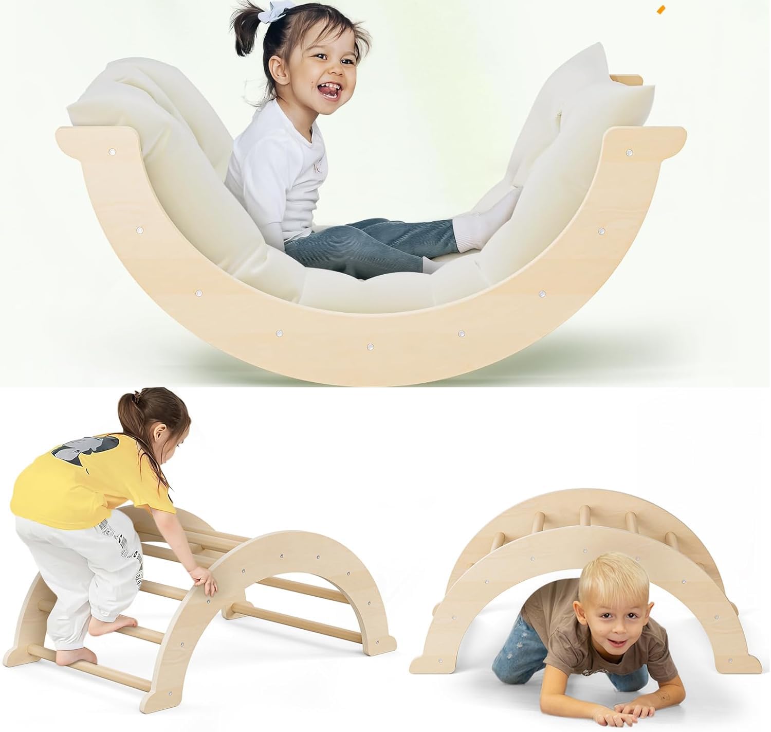 Rainbow Climbing Frame for Toddlers, Foldable Wooden Indoor Climbing Ladder with Cozy Cushion, Indoor Montessori Play Gym