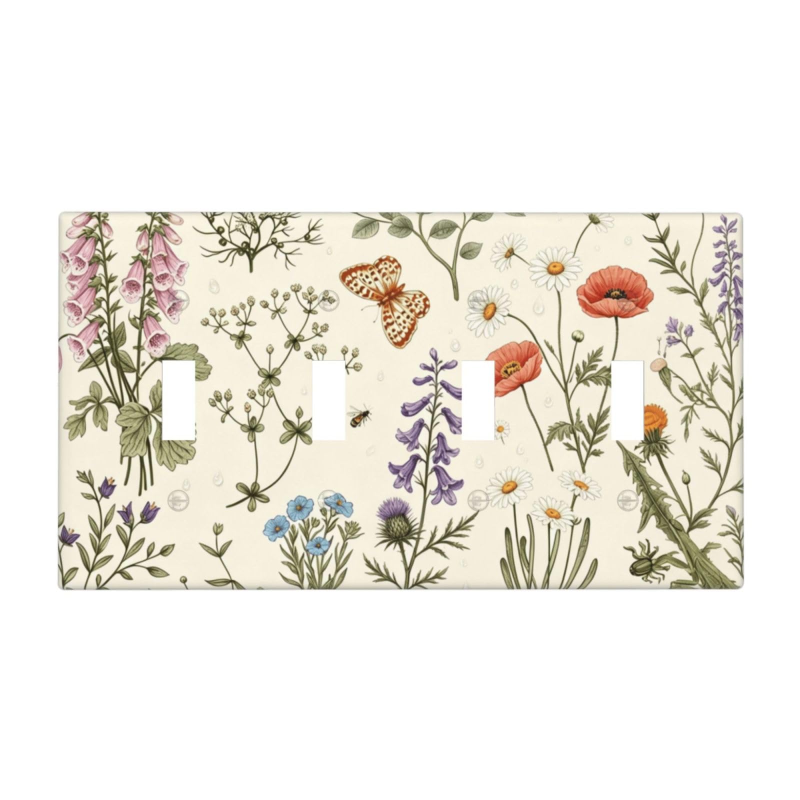 Dwbguo Decorative Light Switch Plate Covers Vintage Botanical Wildflower 4 Gang Artistic Wall Plate Unique Cottagecore Vintage Floral Quad Toggle Light Switch Covers for Bedroom Bathroom Home Decor