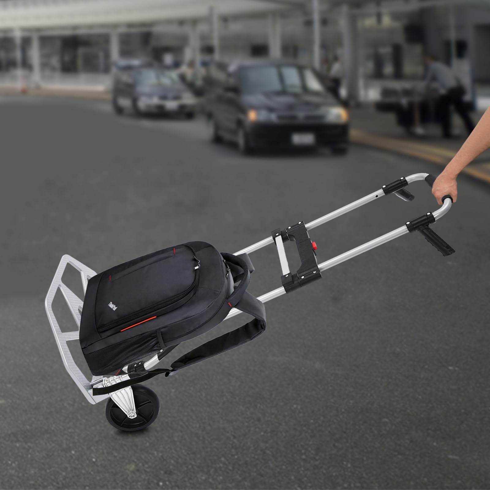 Carro de transporte 2 en 1, carretilla de mano y plataforma de aluminio, plegable, sistema de transporte, mango telescópico, incluye ruedas y cuerdas expansoras de hasta 120 kg