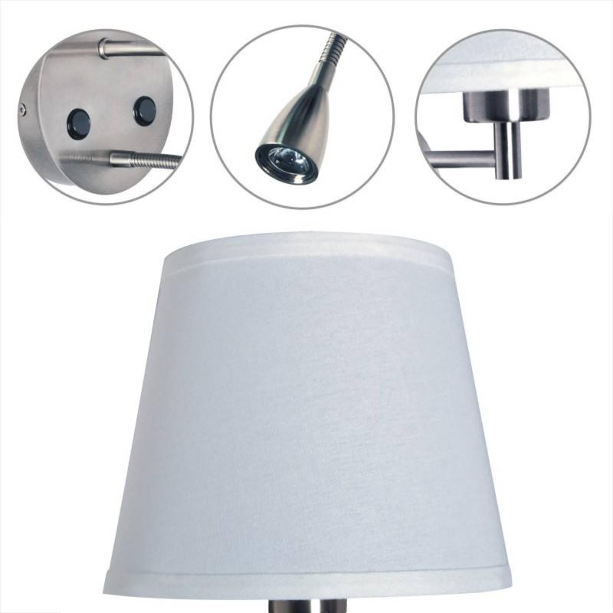 BarcelonaLed - Applique da parete E27 con faretto di lettura orientabile flessibile da 1 W, paralume in tessuto bianco, con 2 interruttore, per camera da letto, testiera del letto, comodino, salotto