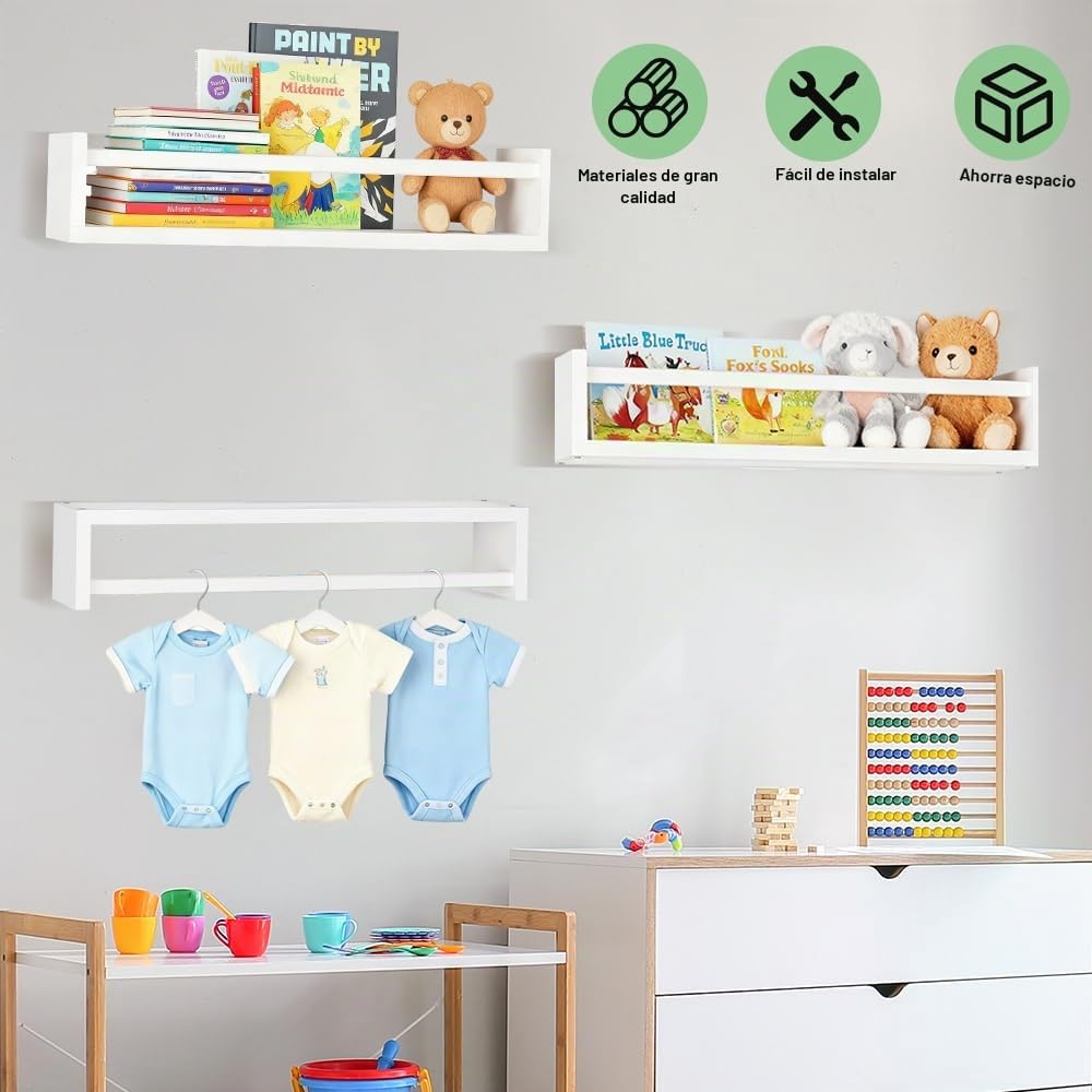 Estantería Infantil Pared, Juego de 3 Estantería Libros Infantil de Madera Maciza, Estantes de Pared para Habitación Infantiles, Dormitorio, Salón, Baño, Cocina