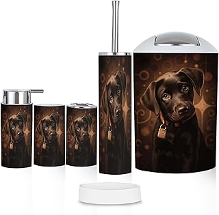 Bathroom Accessory Set 6 Piece Adorable Chocolate Lab Puppy Looking Curiously Camera Toothbrush Cup Toothbrush Holder Soap Dispenser Soap Dish Trash Can with Lid Toilet Brush Holder Counter Decor