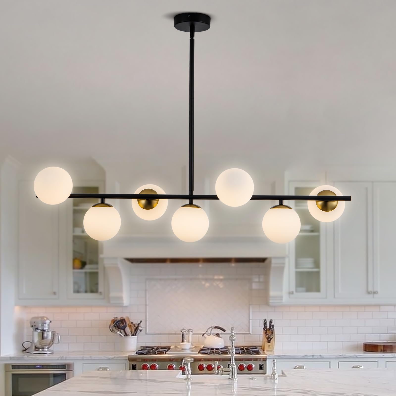 Photo 1 of HuisMier 7 Lights Modern Sputnik Chandelier Mid Century Black and Brass Linear Pendant Light Fixture, Farmhouse White Glass Globe Chandelier for Dining Room Kitchen Living Room Bedroom Foyer