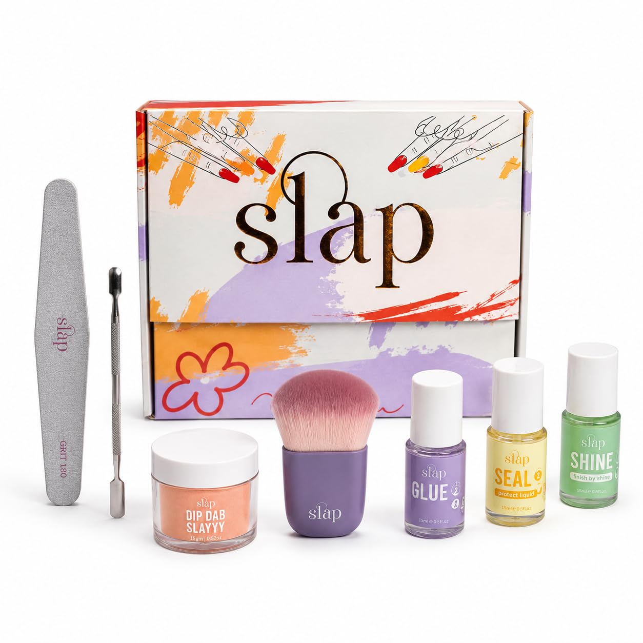 Slap Salon Nail Kit Complete DIY Manicure Set At-Home with Dip Powder Color, Glue, Seal & Shine Liquids, Nail Buffer, Brush & Cuticle Pusher. (Peachy)-image-39