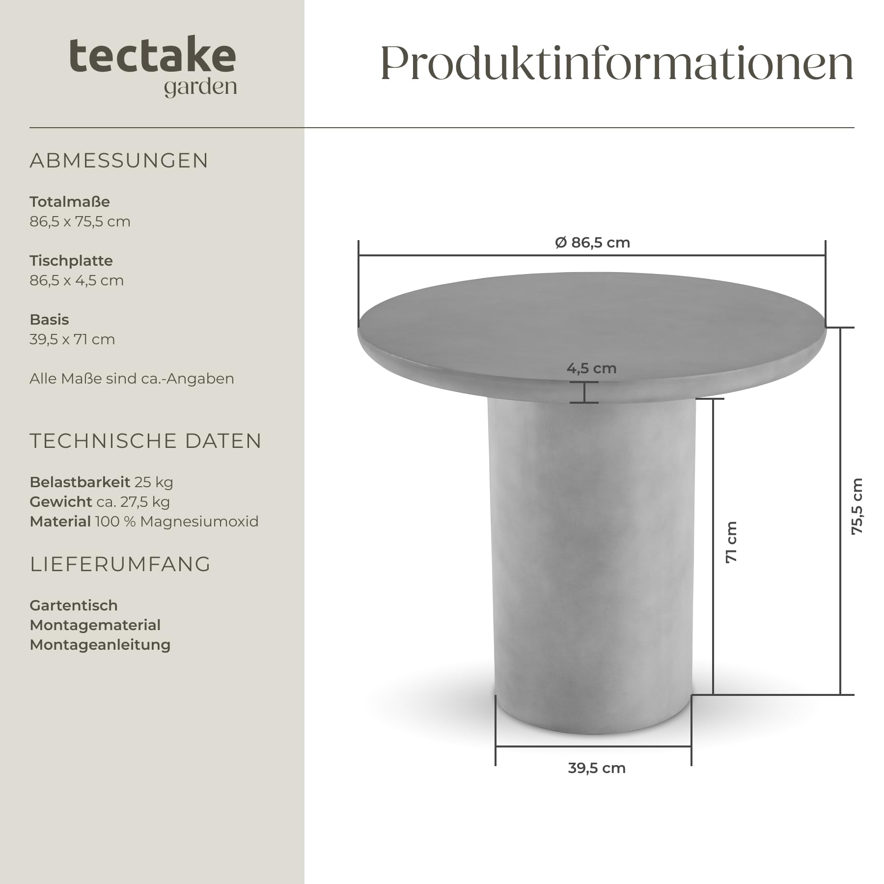 tectake® in- und Outdoor Beistelltisch, Tisch rund als Tisch Wohnzimmer, Indoor, Outdoor und Garten, runder Esstisch, Küchentisch, Gartentisch wetterfest, Balkontisch