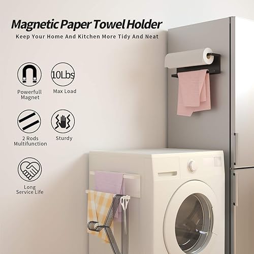 Miniatura 4 de Toallero magnético para refrigerador, toallero magnético multifunción, hecho de hierro, utilizado para cocina, baño, inodoro, sin taladros (negro,