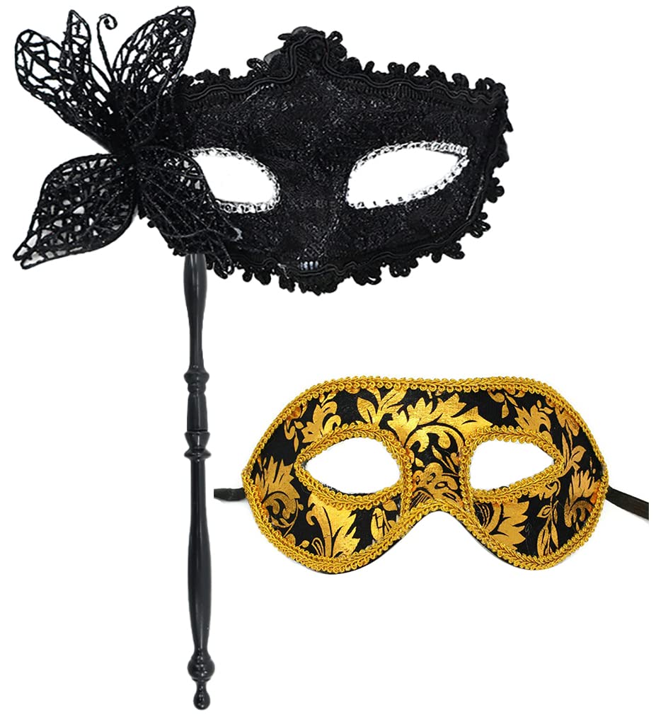 AZYOUNG Womens Christmas Halloween Masquerade Half Face Mask with Removable Stick Mens Flat Cloth Mask,2pcs a set