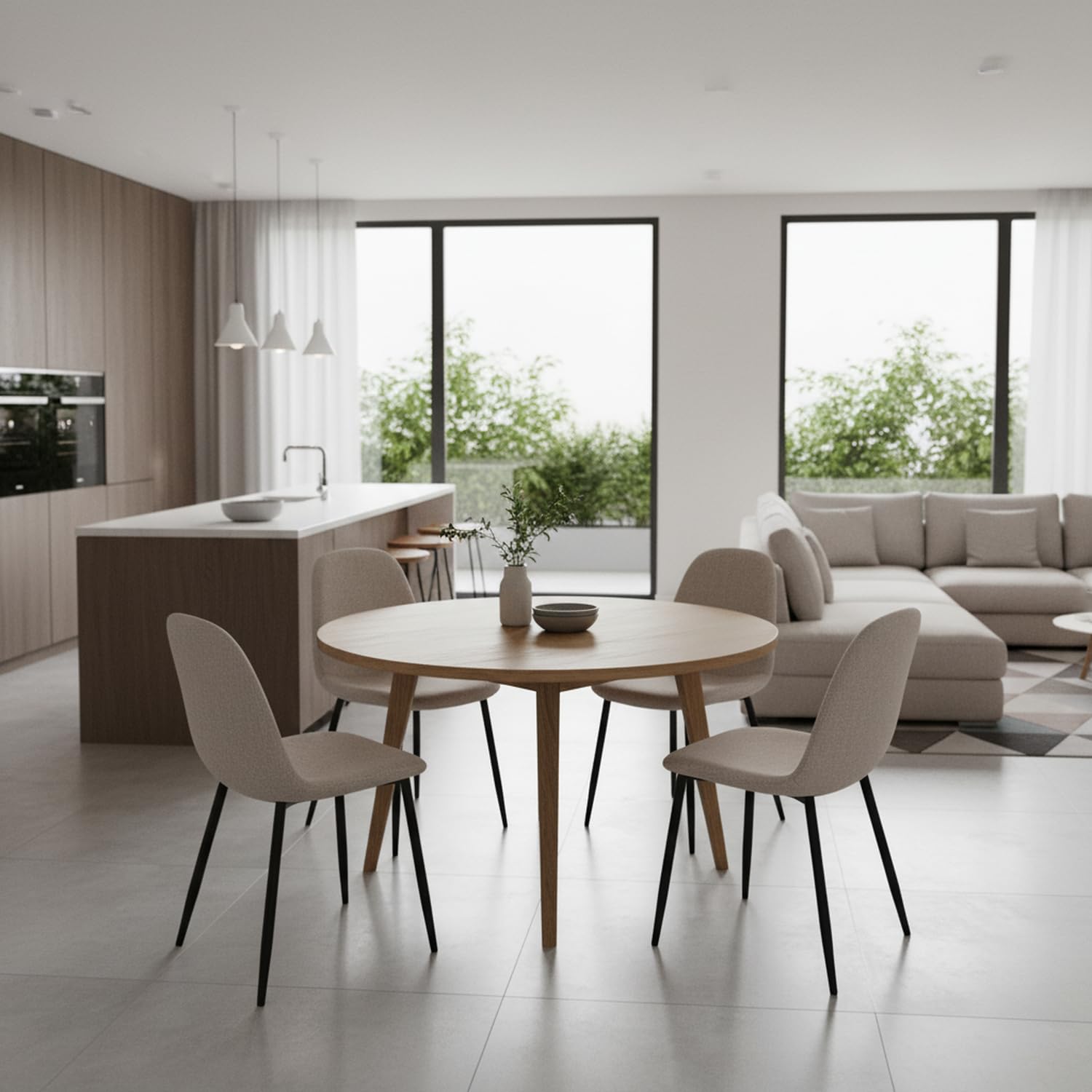Homy Casa Set di 4 sedie da pranzo in morbido tessuto fiammato, stile scandinavo, con gambe in metallo nero, per cucina, sala da pranzo, soggiorno, camera da letto, Beige scuro