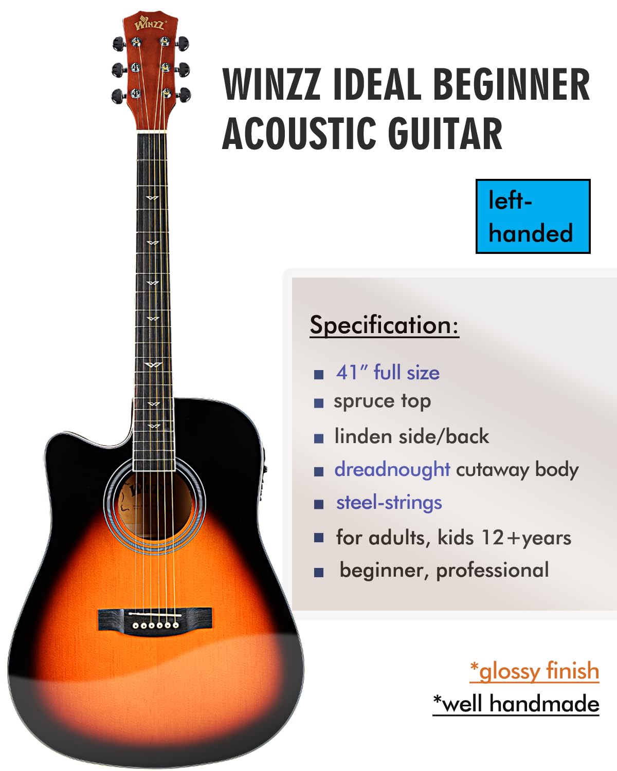 Winzz 4/4 Gitara Elektroakustyczna, Leworęczna Gitara Westernowa, Zestaw dla Dorosłych Początkujących, Gitara Akustyczna 41 Cali z 4-pasmowym Ekwalizerem (Dreadnought, Połyskujący Sunburst)