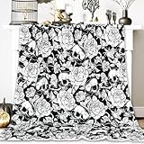 JarThenaAMCS Halloween-Decke, schwarz-weiß, Totenkopf-Blume, flauschig, Überwurf, Decke, weich, gemütlich, dekorative Tagesdecke für Halloween, Zuhause, Bett, Sofa, Couch, Stuhl, 127 x 152 cm