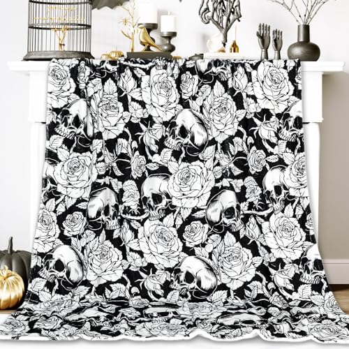 JarThenaAMCS Halloween-Decke, schwarz-weiß, Totenkopf-Blume, flauschig, Überwurf, Decke, weich, gemütlich, dekorative Tagesdecke für Halloween, Zuhause, Bett, Sofa, Couch, Stuhl, 127 x 152 cm