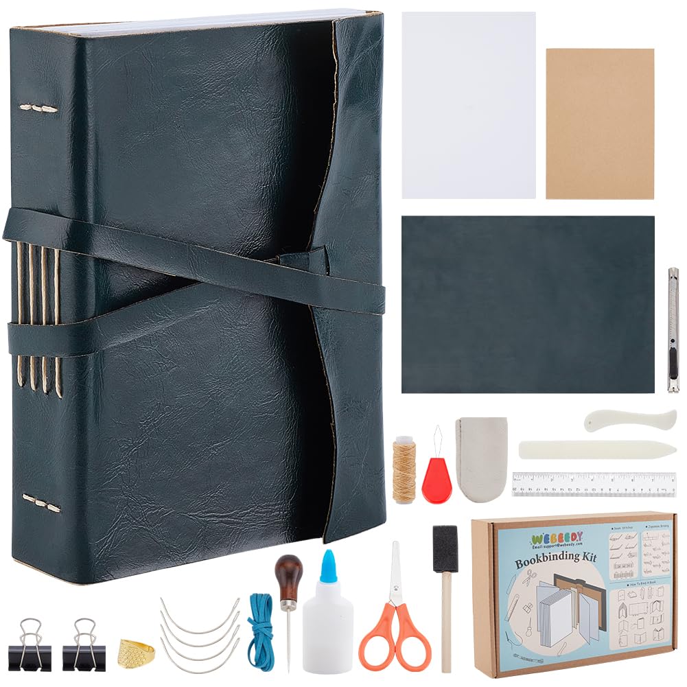 WEBEEDY Kit di rilegatura in pelle verde, kit completo di strumenti di rilegatura con carta di rilegatura, filo cerato, aghi da cucire e istruzioni per principianti, 10 x 15 cm (A6)