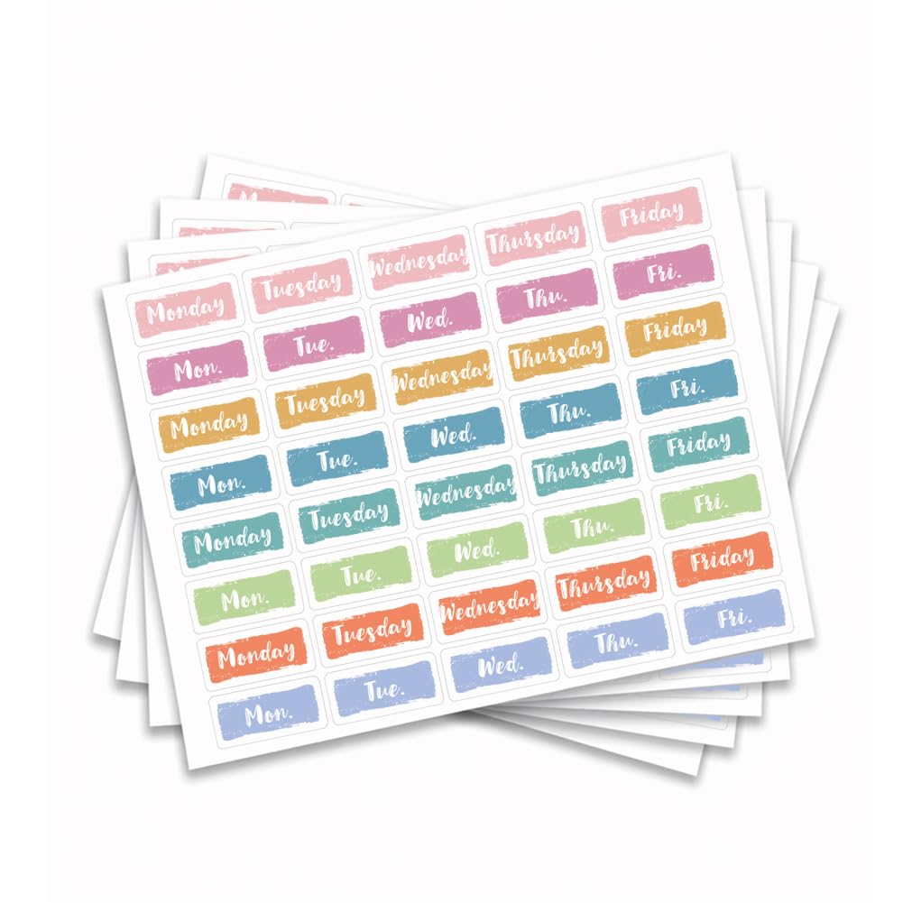 GOMAKERER 200 Pcs Weekday Planner Stickers, Colorful Full Abbreviated Day Labels Day of the Week Stickers Self-Adhesive PVC Monday-Friday Stickers for Journals, Calendars, Planners