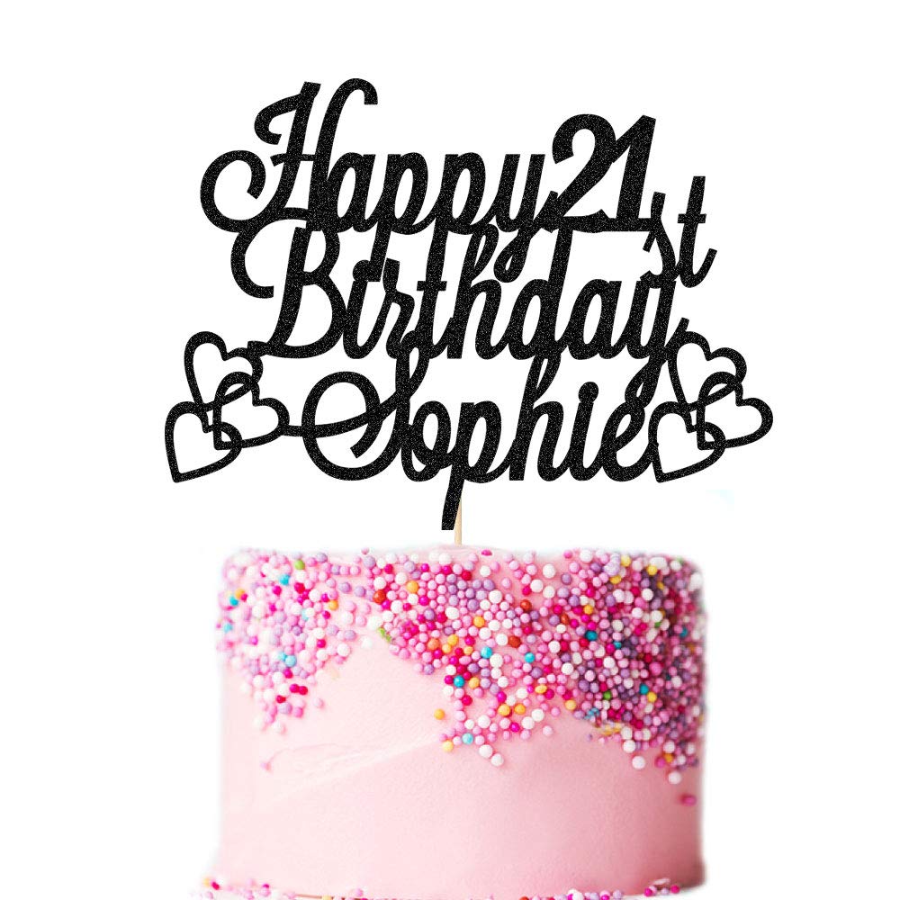 Personalised Birthday Cake Topper | Customized Heart Party Cake Decoration with Any Name Any Age 8 12 13 16 18 20 21 30 40 50 60 70 80 | Double Sided Glitter Card (Black)