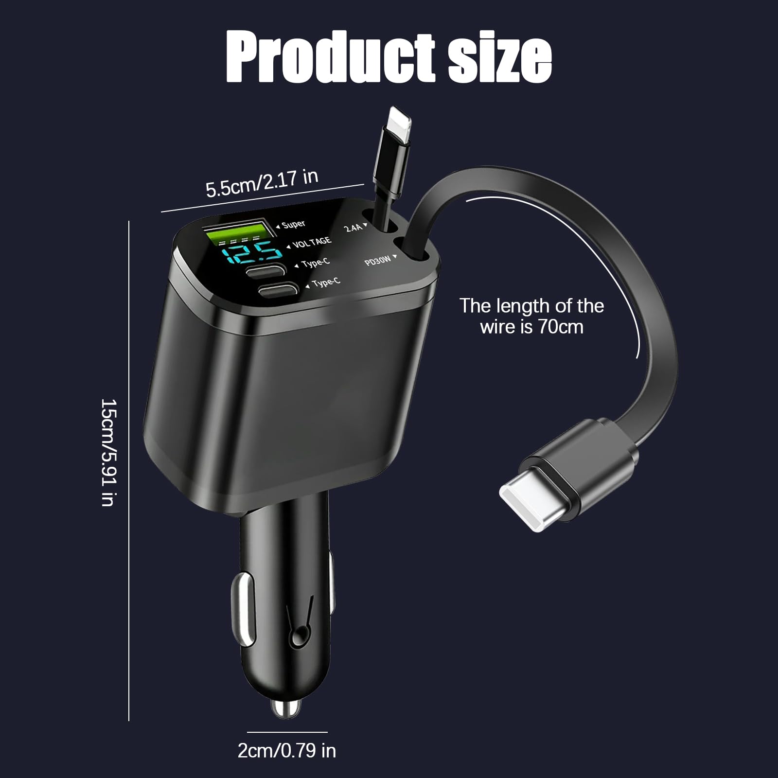 Caricabatterie Auto Retrattile 4 In 1 - Doppia USB, Cavo 80cm, Ricarica Rapida Per IPhone E Samsung