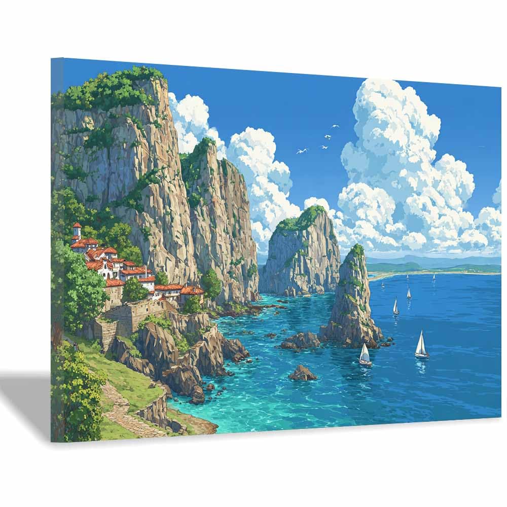 DMZPKZB Natural Landscape Wall Decor Coastsal Cliffs & SailBoats s Beautiful scenery Painting, Modern Artwork,for Living Room,Bedroom,Office Bathroom,Dining(Multicolor)-70x100cm Framed