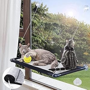 MQUPIN Katzen hängematte Fenster, Verstärkte Katzenhängematte mit 5 starkem Saugnapf ,mit Weichem Mesh-Pad,für große Katzen bis 25 kg,Sonnenbad Katzenbett Haustierbett für große Fenster