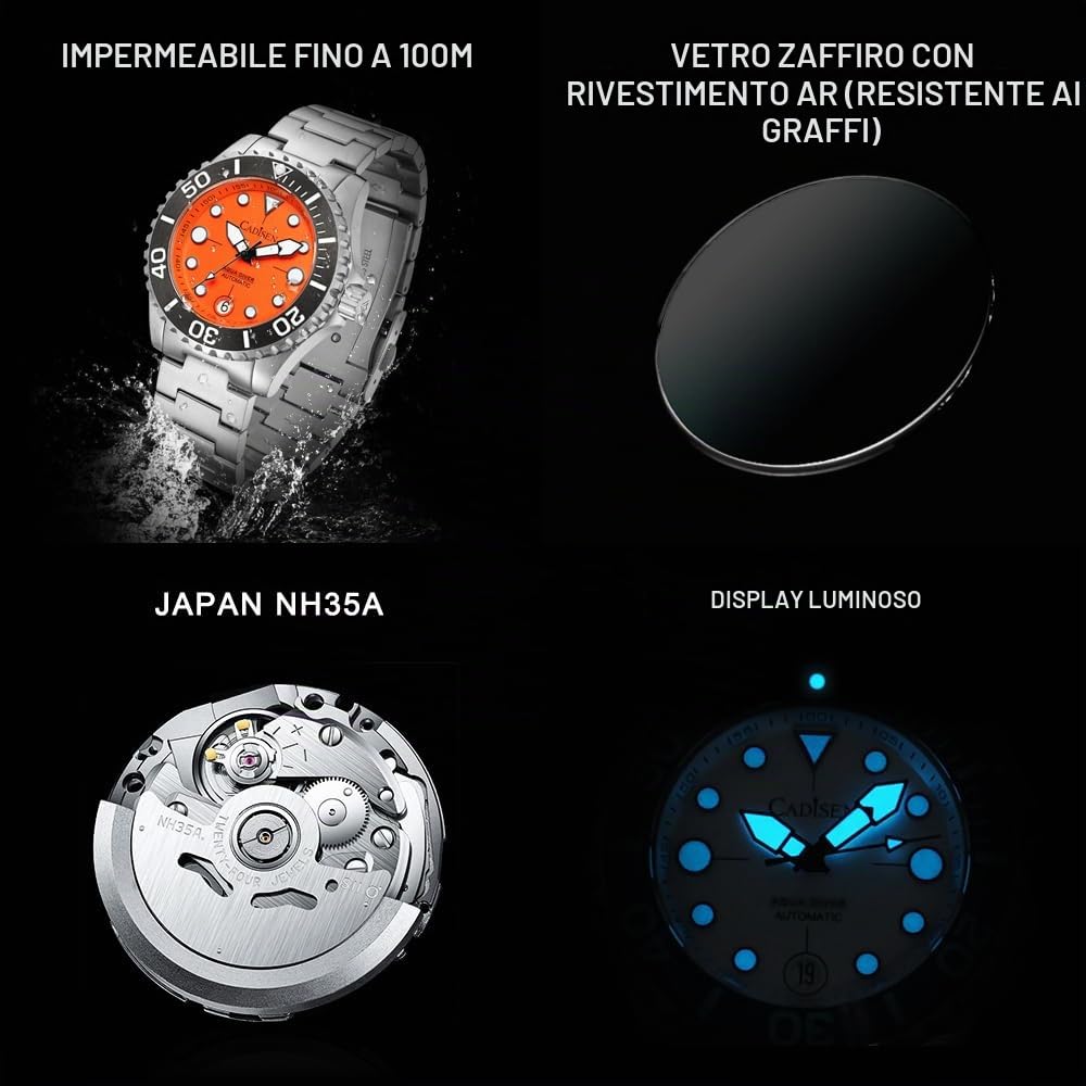 CADISEN Orologio automatico da uomo in acciaio inox vetro zaffiro impermeabile orologio da polso orologi uomo 40MM