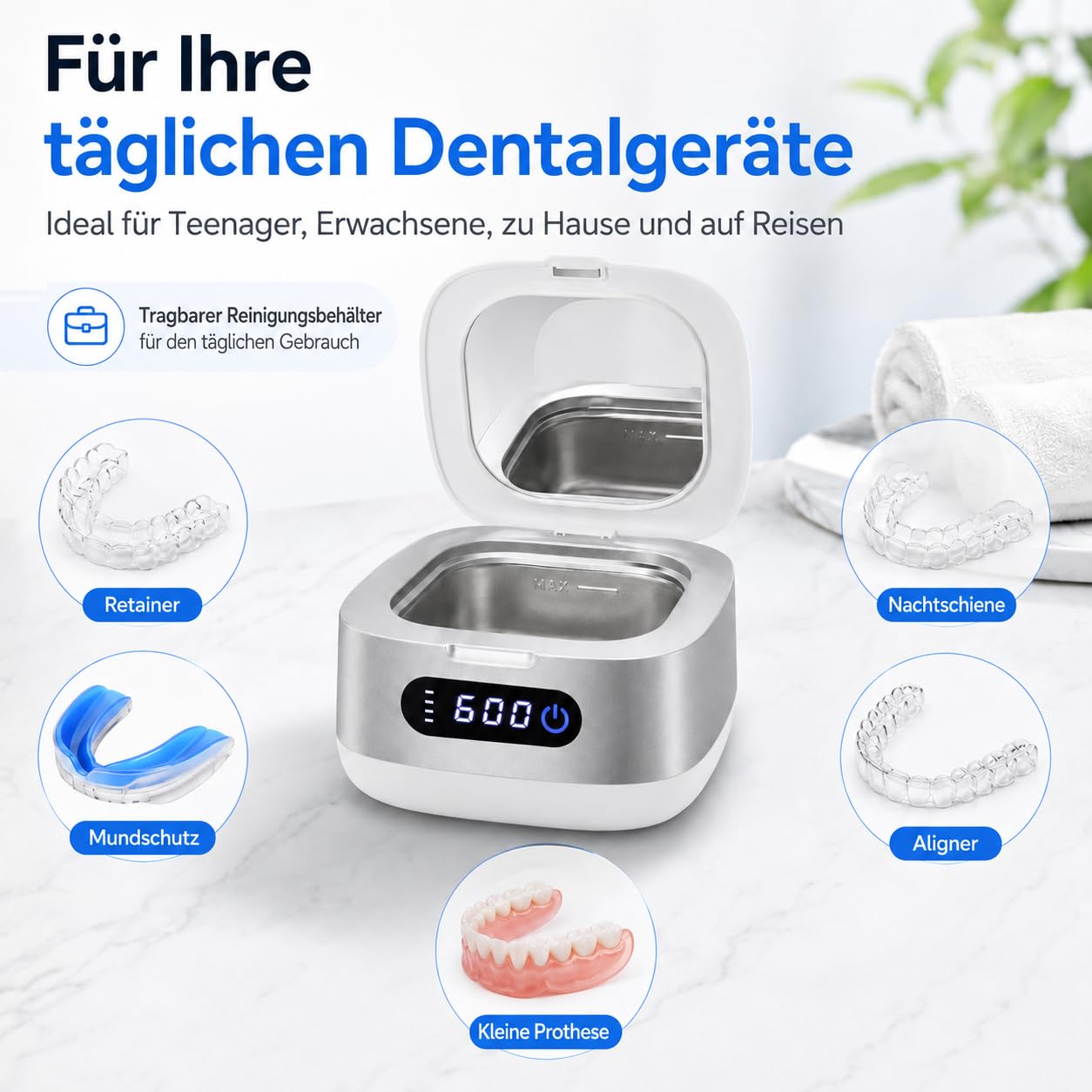 Voraiya Ultraschallreiniger für Zahnschienen Ultrasonic Cleaner mit 4000mAh Akku IPX6 Wasserdichtes Ultraschallreinigungsgerät 166ml Ultraschallbad für Aligner, Zahnspangen, Zahnersatz & Reisen