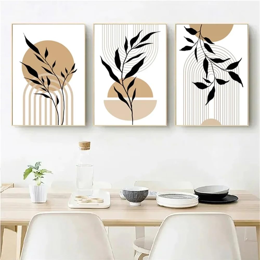 Wuhbcz Orange Wall Posters-Abstract Boho Leaves Canvas Painting Lines Geometric Shapes Posters Art Pictures Modern Living Room Wall Home Decoration-40 * 50Cm/3Pcs (No Frame)