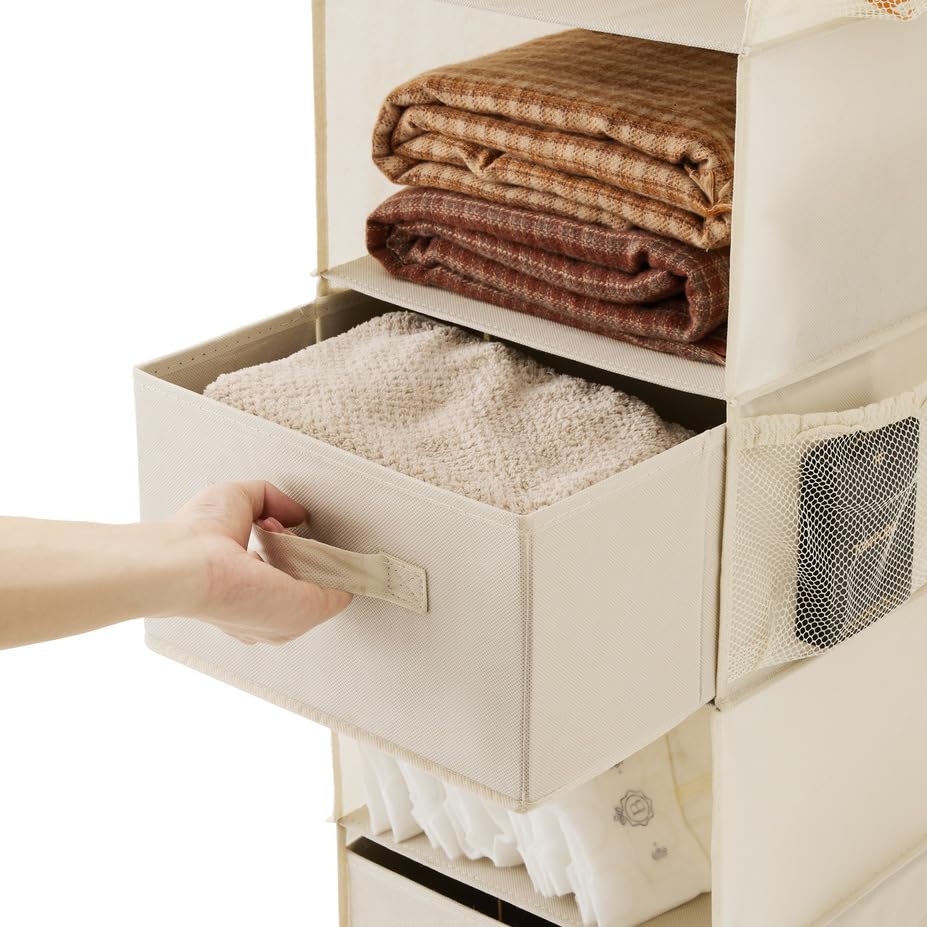 Image of Hanging Shelf Closet Storage Organizer Removable 2 Drawers, Beige | Hanging Storage Organizer Hanging Sweater 2 Sock Underwear Drawers for Closet, Bedroom