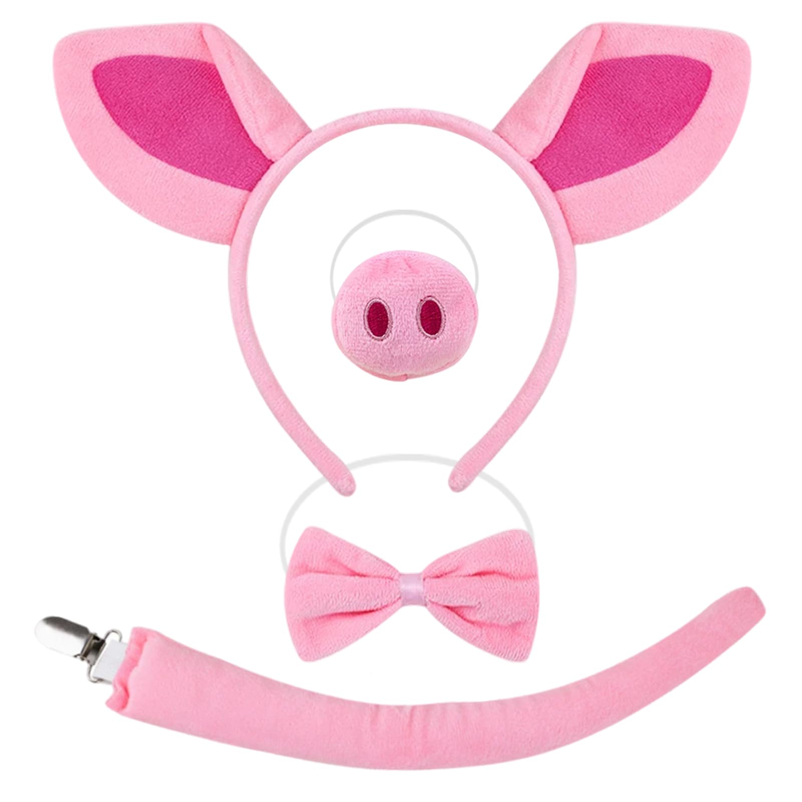 Dazzroi 4Pcs Pink Pig Costume Accessories Set, Cute Animal Cosplay Set Includes Furry Pig Ears Headband Nose Bow Tie Tail, Pink Pigs Fancy Dress Kit for World Book Day Halloween Party Carnival
