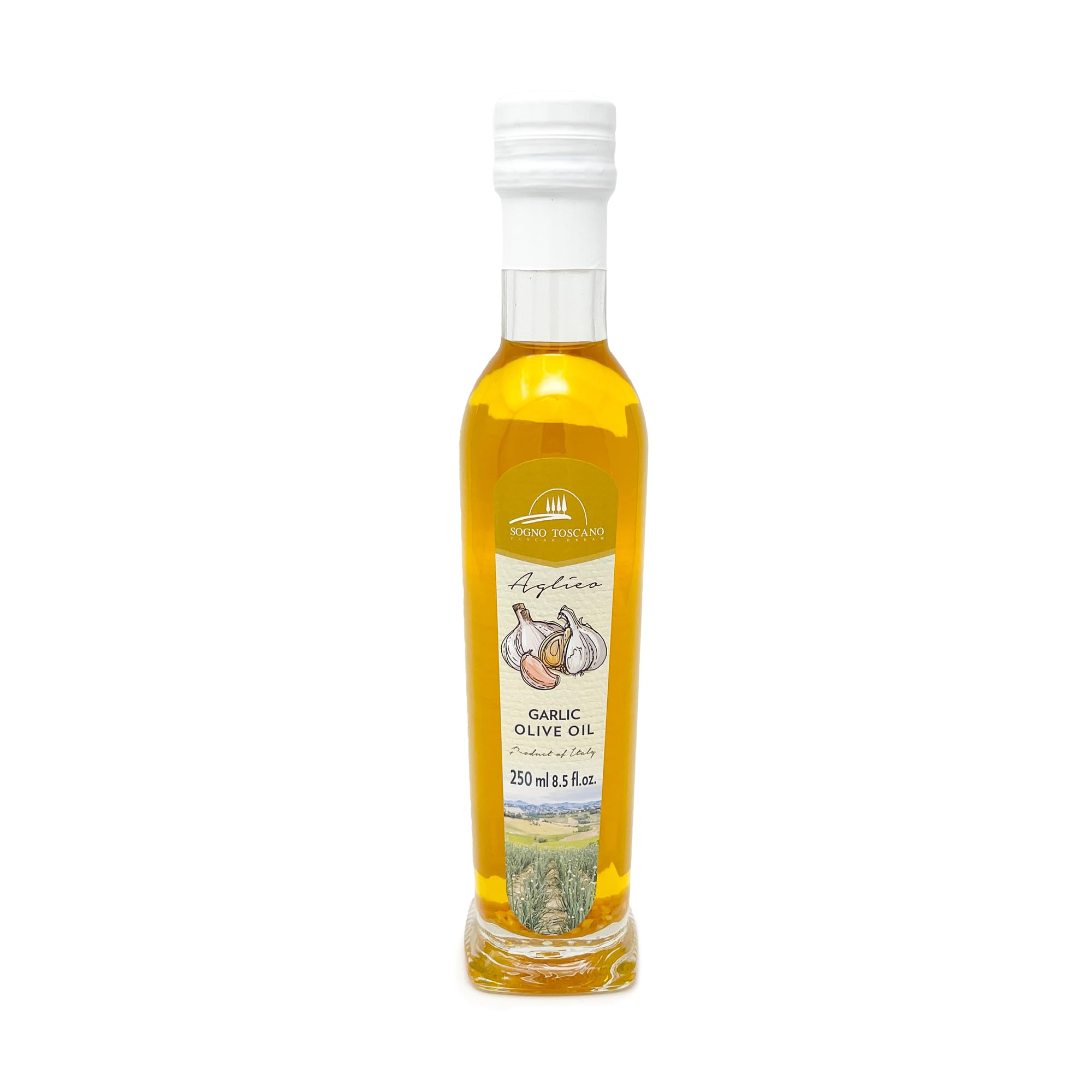 Sogno ToscanoGarlic Oil, High Oleic Oil for Cooking Pastas, EXTRA VIRGIN OLIVE OIL, Salad Dressings, Drizzle on Popcorn, Irresistible Aroma and Flavor, NATURAL GARLIC FLAVOR8.45 fl oz (1)