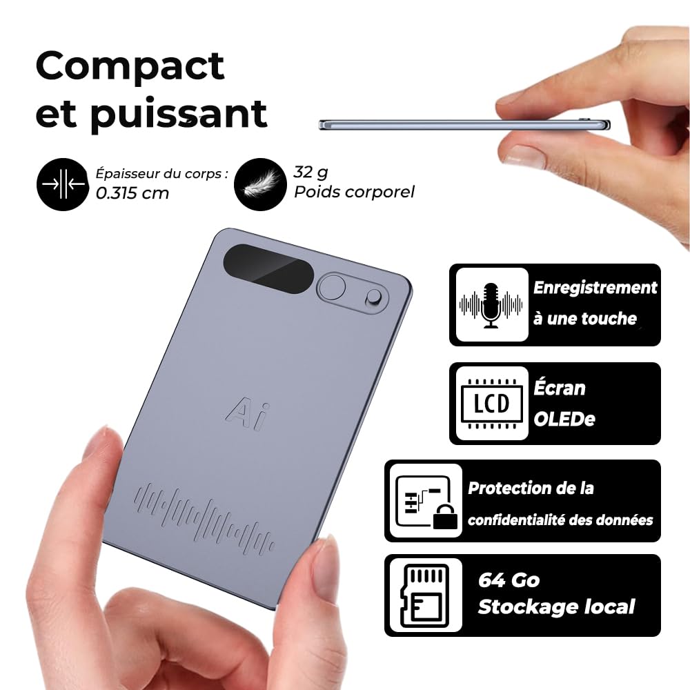 Enregistreur Vocal， Mémoire 64 Go IA Dictaphone Numérique