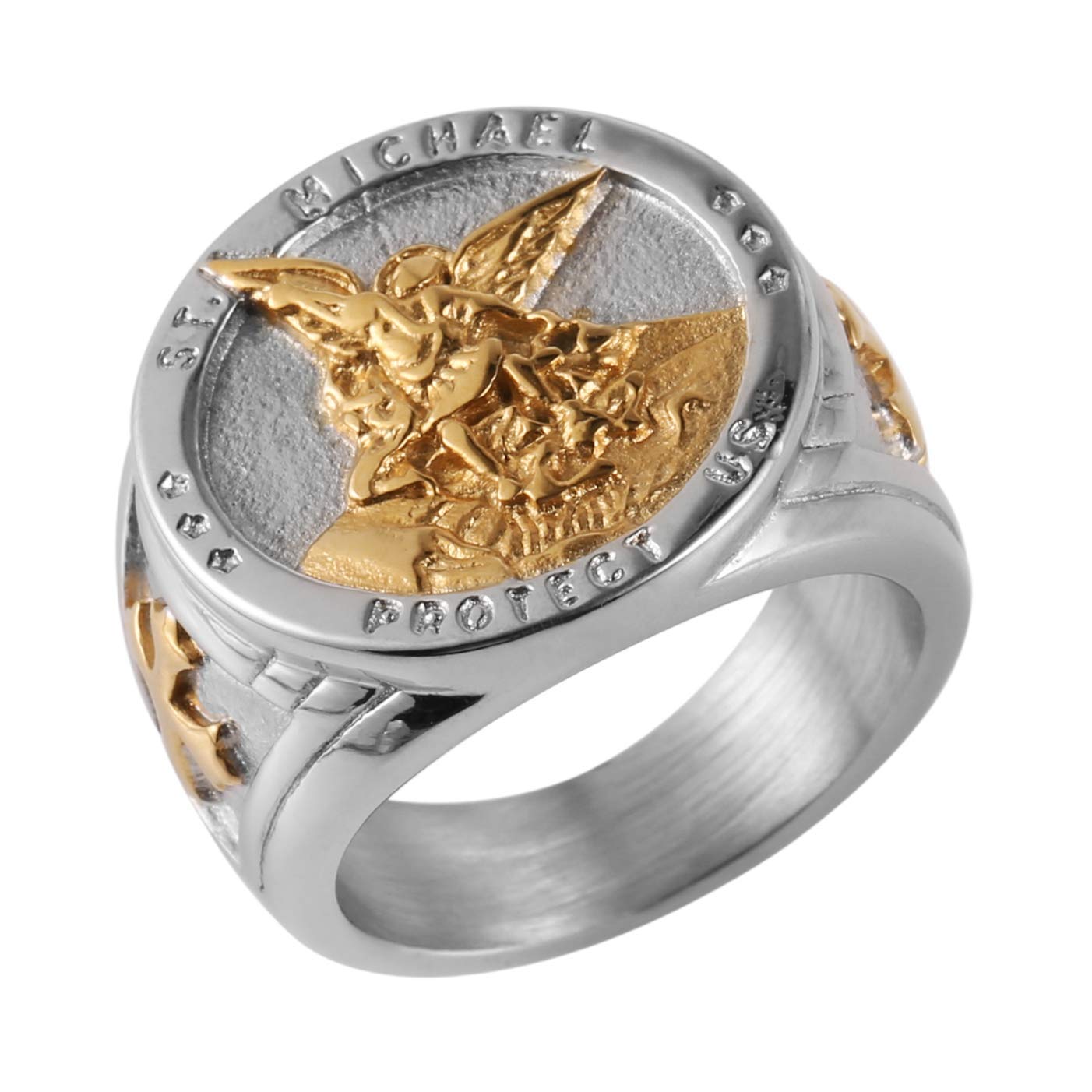 HZMAN St. Michael Archangel Stainless Steel Amulet Ring,Waterproof