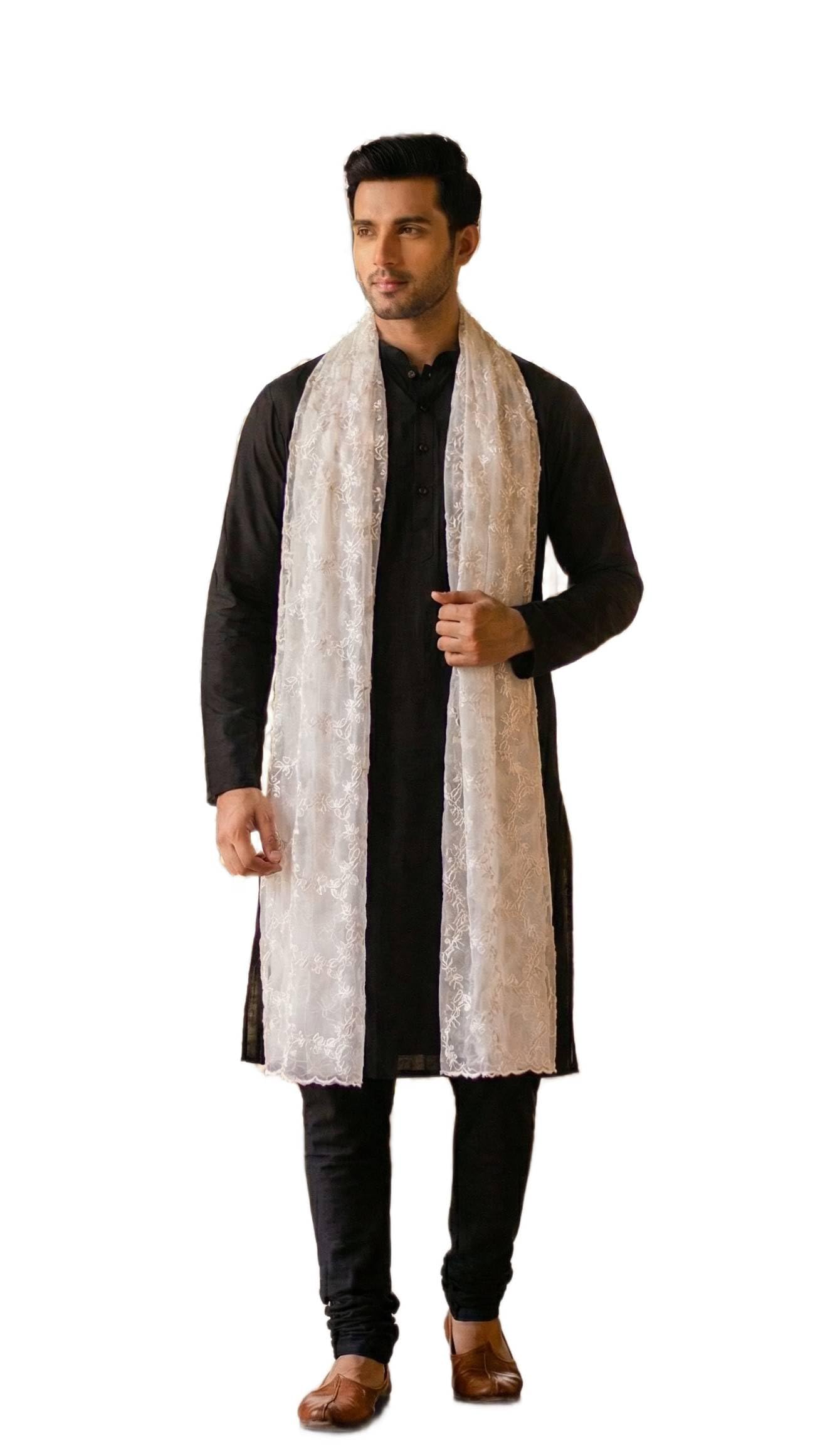 Men's White Net Dupatta with Floral Jaal Embroidery| Perfect for Festival & Wedding-image-34