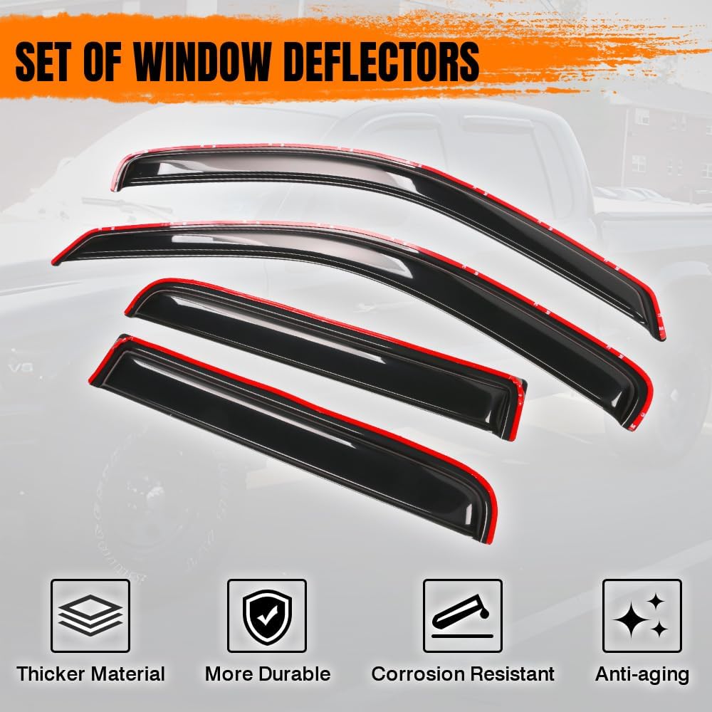 in Channel Window Visor Deflectors, Compatible with 2000-2004 Dodge Dakota Crew Cab, Acrylic Smoke Tinted Slim Style Window Rain Guards, Sun Wind Side Vent Visor Set, 4 Pieces