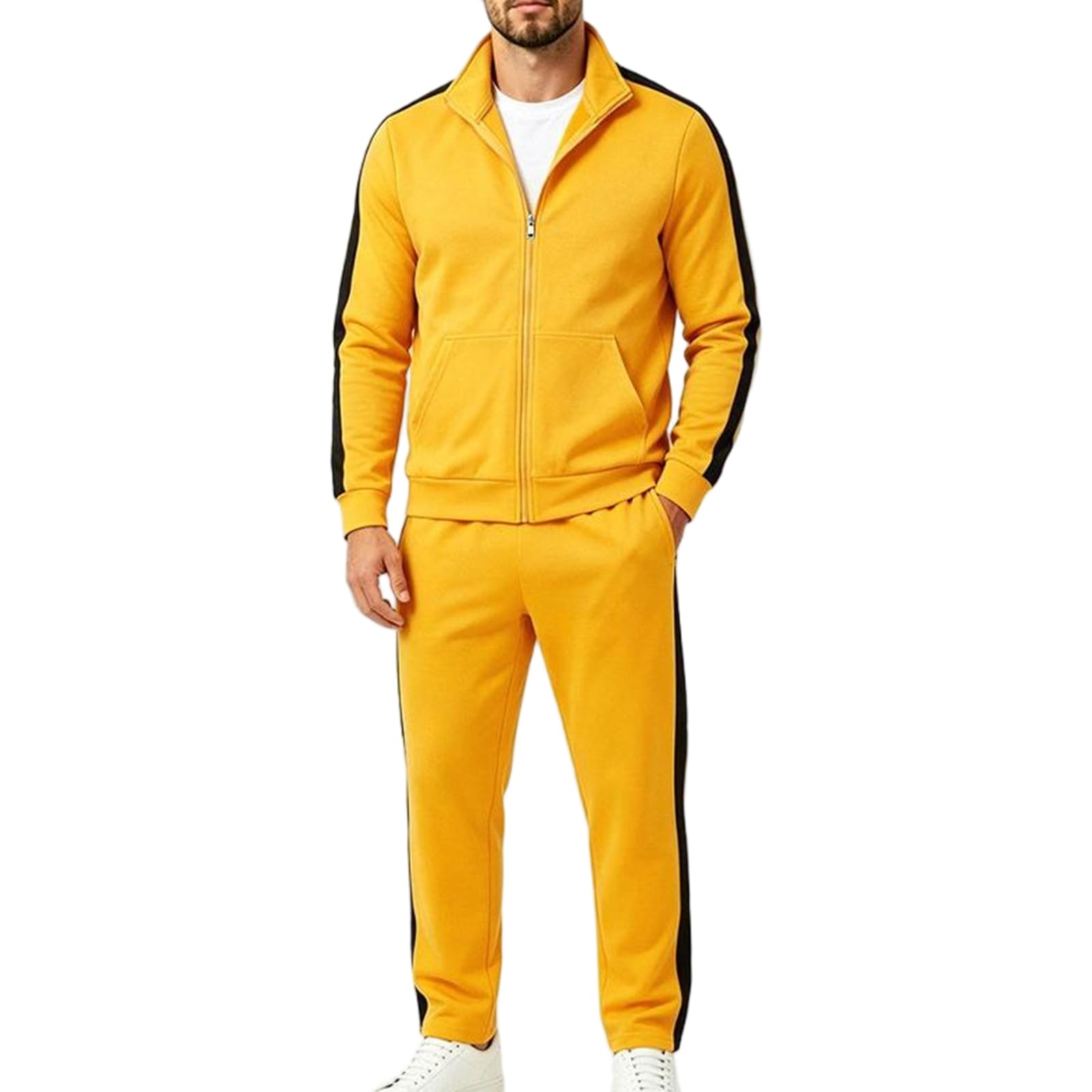 Set da ginnastica uomo giacca con striscia laterale e pantaloni da jogging | Giacca con zip integrale e pantaloni a gamba dritta con coulisse completo sportivo a due pezzi per lo quotidiano