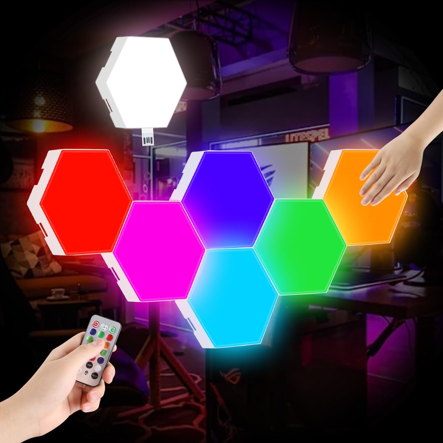 IFTHFOUR Hexagon LED Lights,Remote Control Wall Lamp,Intelligent Modular Touch Colorful DIY Lamp,Used for Bedroom,Bathroom,Living Room,Children's Day,Christmas,Various Game Party Decoration（6 Pack）