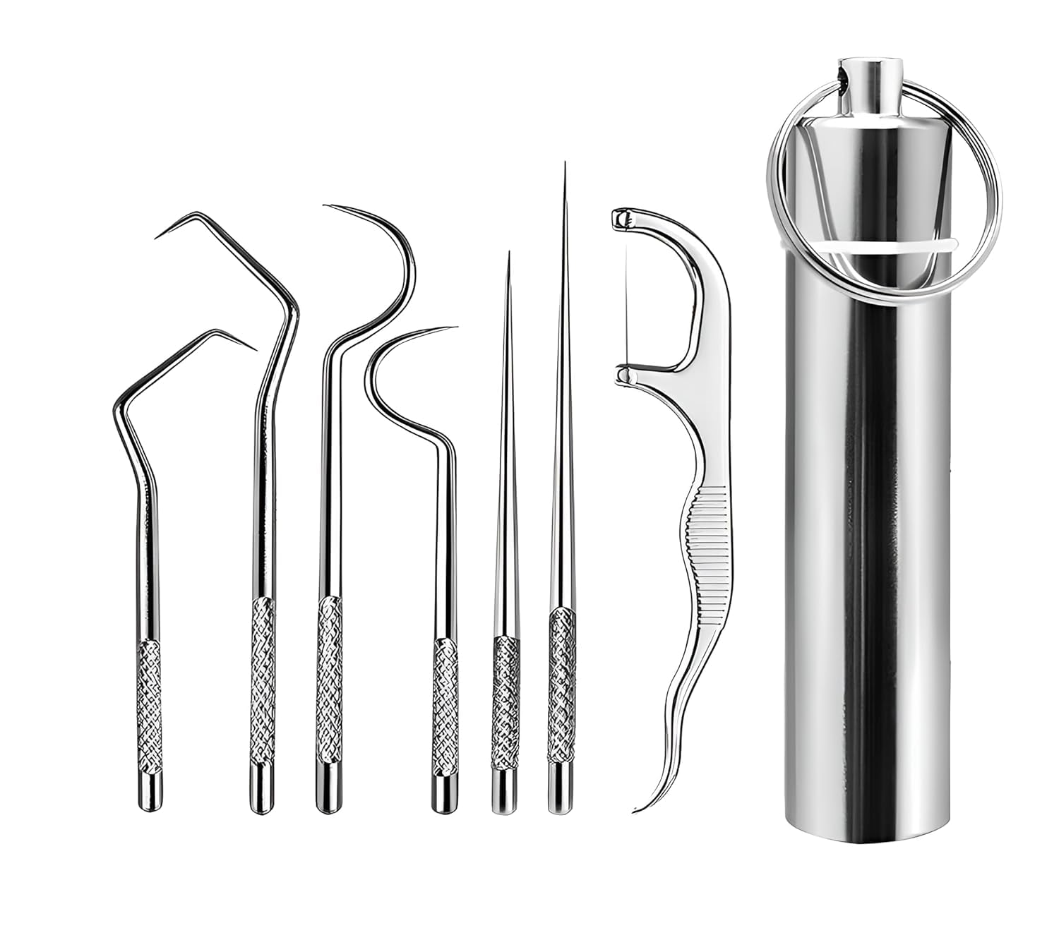Smitex 7 in 1 Piece Dental Hygiene Teeth Cleaning Pocket Set Stainless Steel Portable Oral Care Kit Tools Outdoor, Picnic, Camping Braces, Toothpicks Flosser for Traveling Pcs Tool with Holder Outdoor Camping-image-36