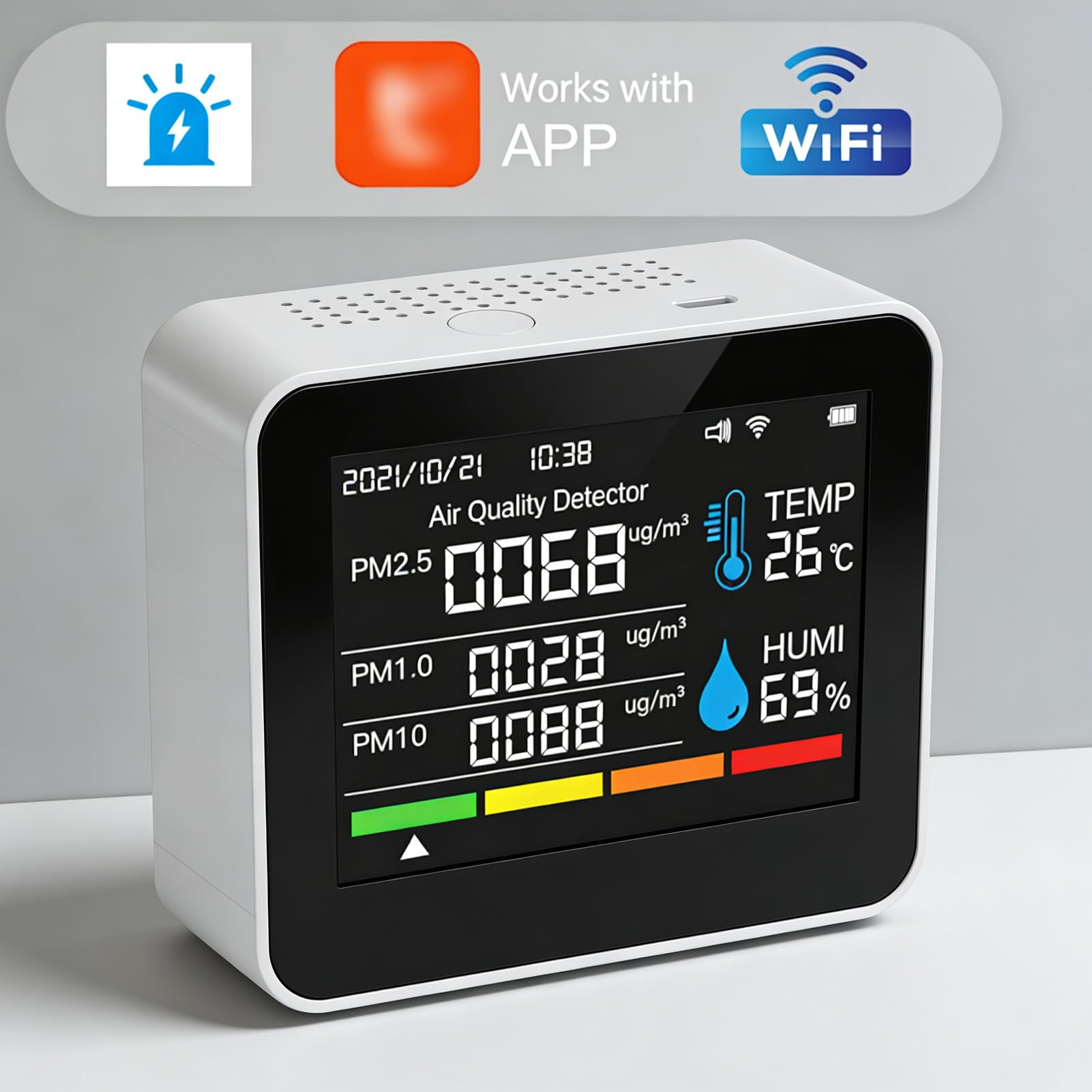 Detector de Calidad del Aire CO2 Portátil, Monitor de Aplicación Wifi, Temperatura/humedad/PM2.5/PM10, Pantalla LED, Batería Recargable, Hogar, Oficina y Coche (2CO9HB blanca)