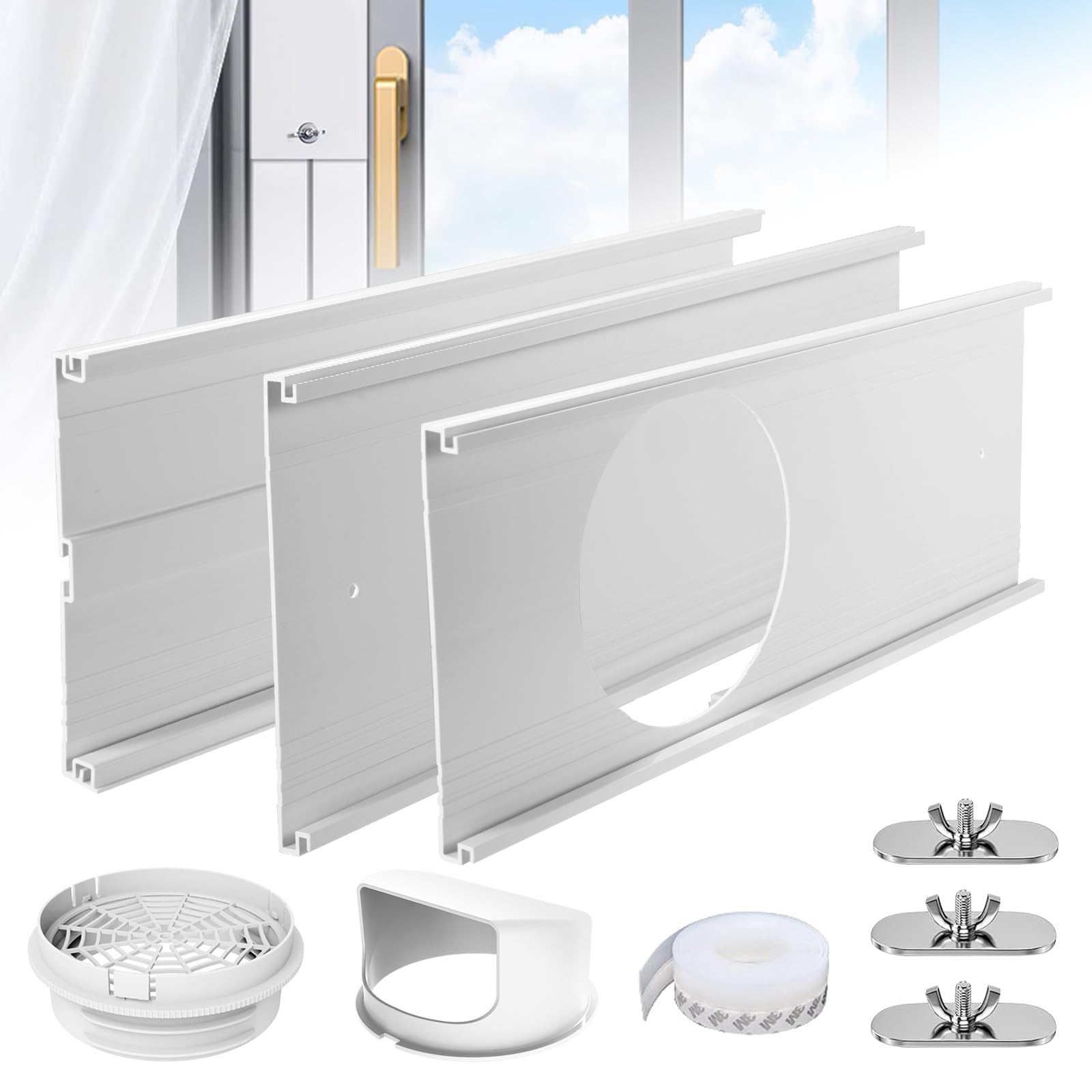 Guarnizione per finestre per climatizzatori mobili, kit per finestre per tubo di scarico da 130/150 mm, lunghezza regolabile 86-117 cm, parapioggia e zanzariera in PVC ispessito, tapparelle