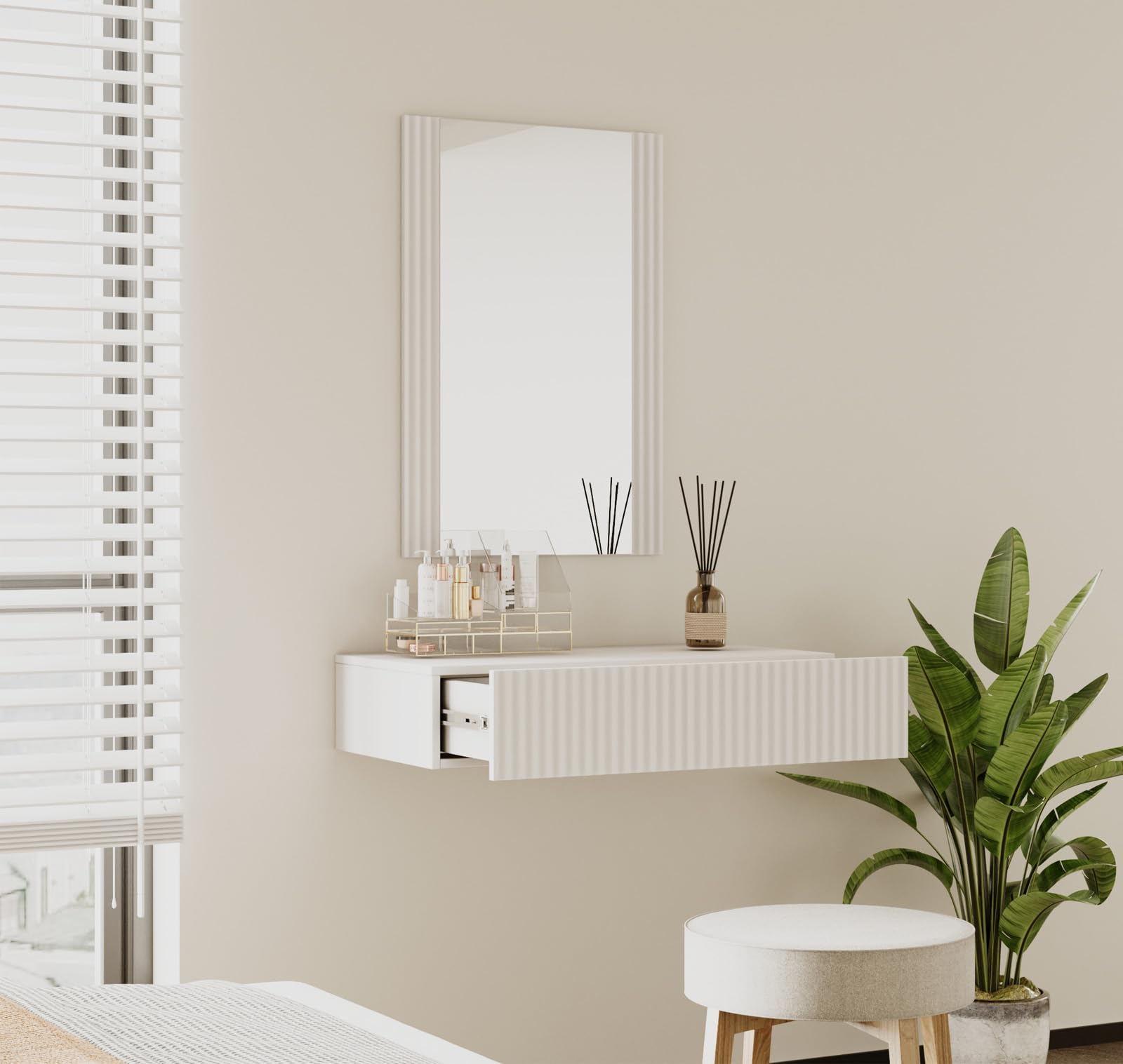 MB Muebles Bonitos, Toeletta Sospesa con Specchio Velia, Toeletta con Cassetto, Design a Scanalature, Melaminico e PVC, Colore Bianco, Ideale per Camera da Letto
