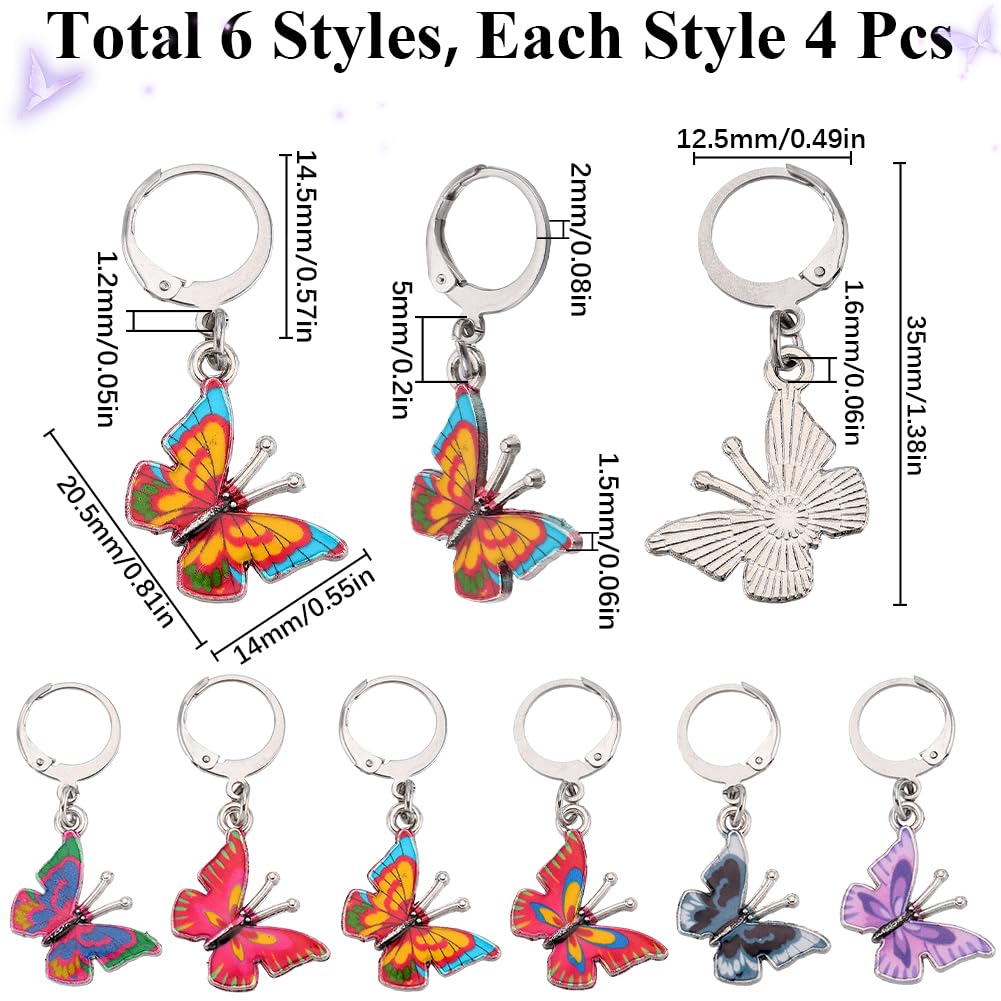 SUNNYCLUE 1 BOX 24PCS Enamel Crochet Stitch Markers Knitting Markers Charms Metal Alloy Cute Butterfly Insect Leverback Clasp Crocheting Charms Bulk for Sewing Weaving Threading Women Diy Craft Supply